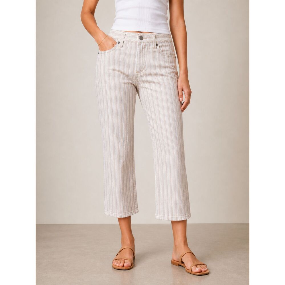 Theory Striped Crop 25" Jeans Size 8 Beige White Slim Straight Ankle Pants NWOT